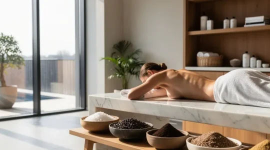 Femme dans un spa belge recevant un gommage corporel avec vue sur ambiance bien-être