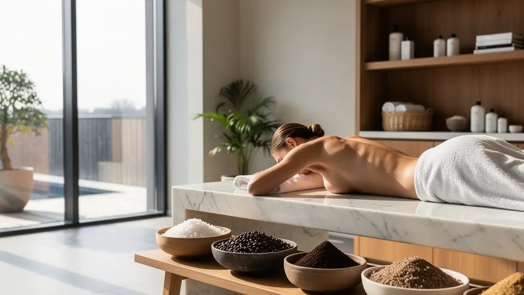 Femme dans un spa belge recevant un gommage corporel avec vue sur ambiance bien-être