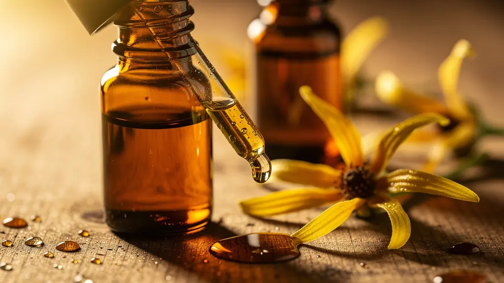 Flacons d'huiles essentielles disposés avec élégance près de pétales de fleurs d'ylang-ylang