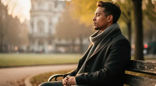 Personne contemplative dans un parc urbain belge au lever du soleil révélant sa force intérieure