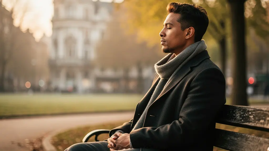 Personne contemplative dans un parc urbain belge au lever du soleil révélant sa force intérieure