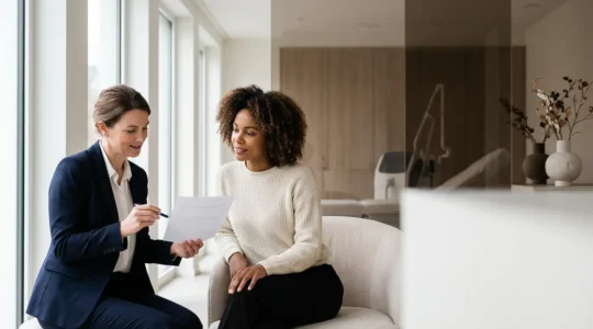 Patiente lors d'une consultation de médecine esthétique en Belgique avec un médecin qualifié