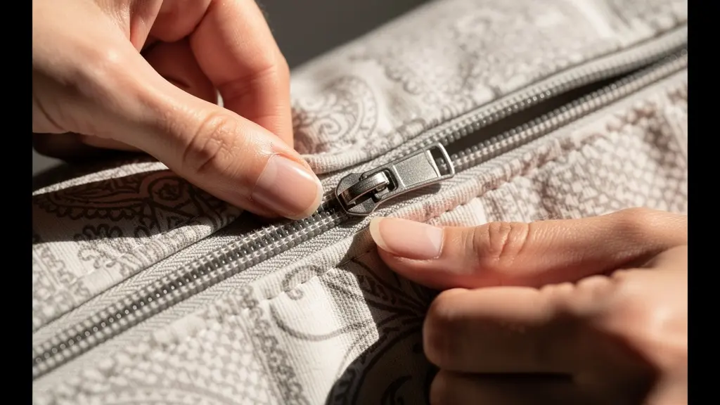 Mains inspectant les détails et les textures d'un coussin d'allaitement d'occasion, vérifiant la fermeture éclair et le tissu.