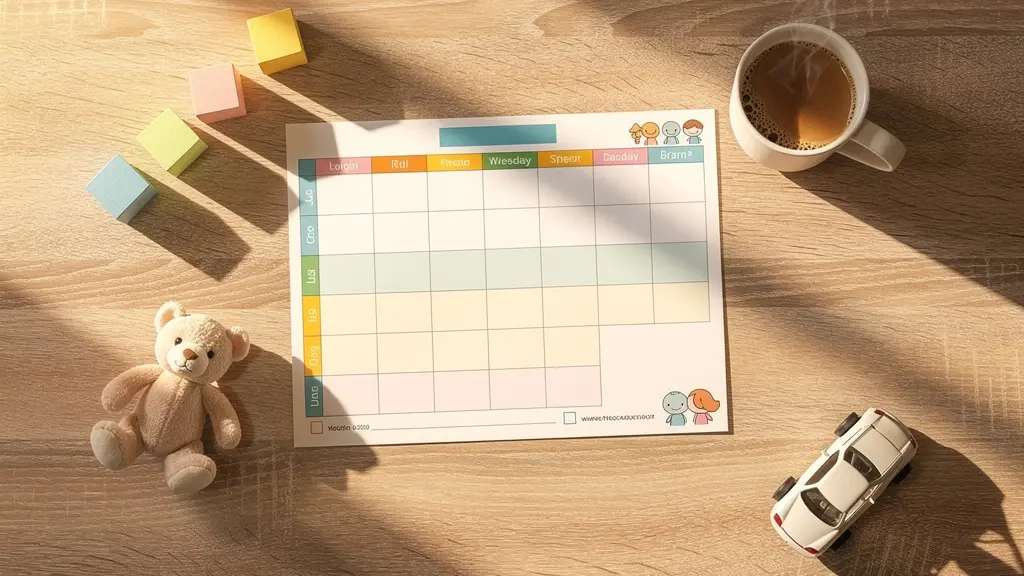 Vue en plongée d'un bureau avec documents organisés, planning coloré et jouets d'enfants disposés harmonieusement