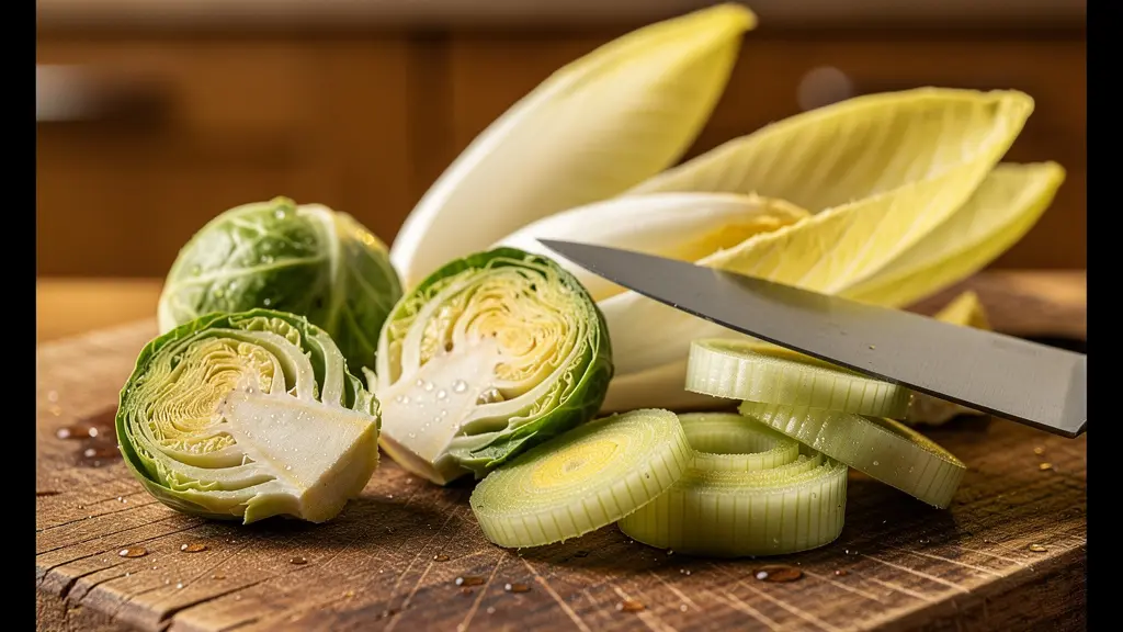 Légumes belges de saison découpés sur planche de bois avec ustensiles de cuisine