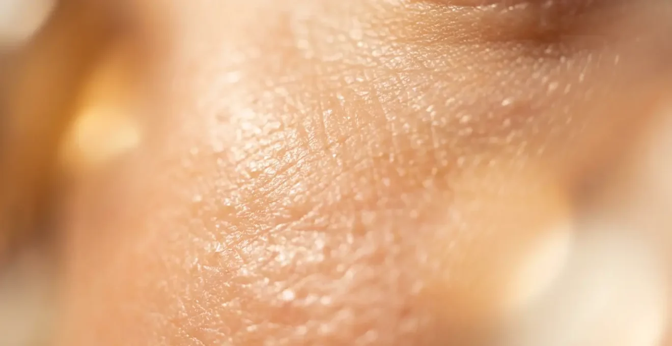 Détail macro d'une peau saine et hydratée montrant la texture naturelle