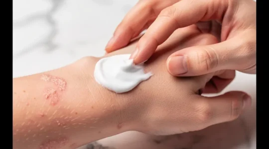 Mains appliquant délicatement une crème dermatologique sur une peau sensible avec texture visible