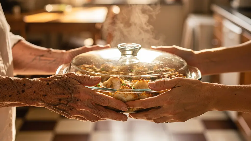 Mains tendues offrant un plat cuisiné dans une ambiance chaleureuse belge