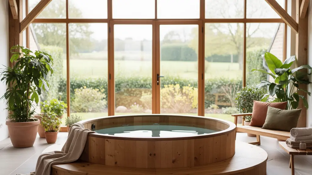 Intérieur chaleureux d'une maison de naissance avec baignoire d'accouchement et mobilier en bois naturel