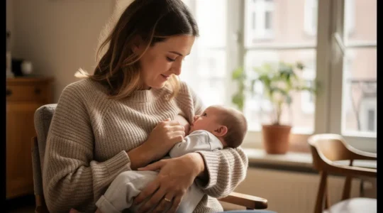 Une maman allaitant paisiblement son bébé dans une atmosphère sereine et chaleureuse