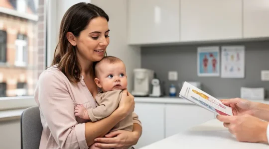Mère souriante avec son bébé dans une consultation médicale lumineuse et accueillante