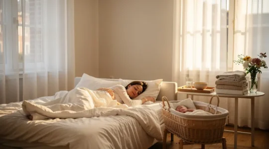 Mère allongée dans un cadre paisible avec bébé endormi, entourée de lumière dorée douce