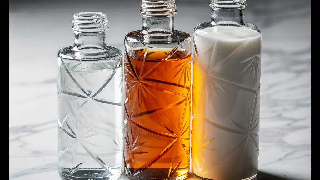 Gros plan sur trois flacons de soins capillaires disposés en couches visuelles