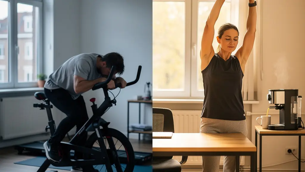 Personne faisant des étirements simples debout près d'un bureau dans un environnement de télétravail
