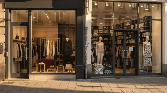 Une vitrine de boutique belge avec des créations de créateurs locaux exposées face à une façade de magasin de fast fashion