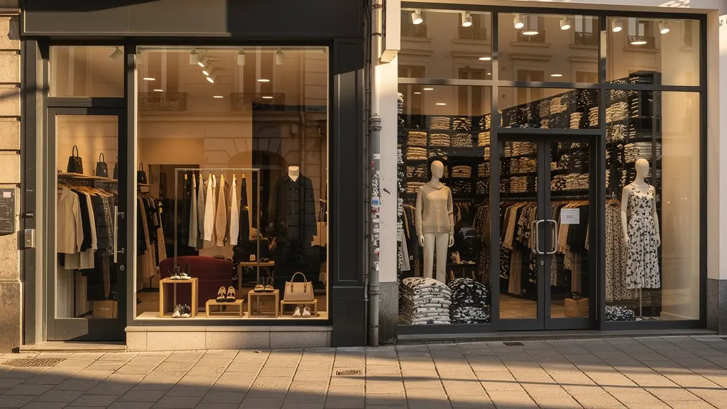 Une vitrine de boutique belge avec des créations de créateurs locaux exposées face à une façade de magasin de fast fashion