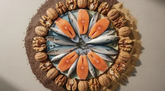 Composition artistique montrant des aliments riches en oméga-3 avec une représentation abstraite du bien-être émotionnel