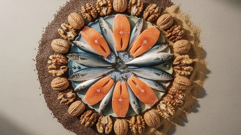 Composition artistique montrant des aliments riches en oméga-3 avec une représentation abstraite du bien-être émotionnel