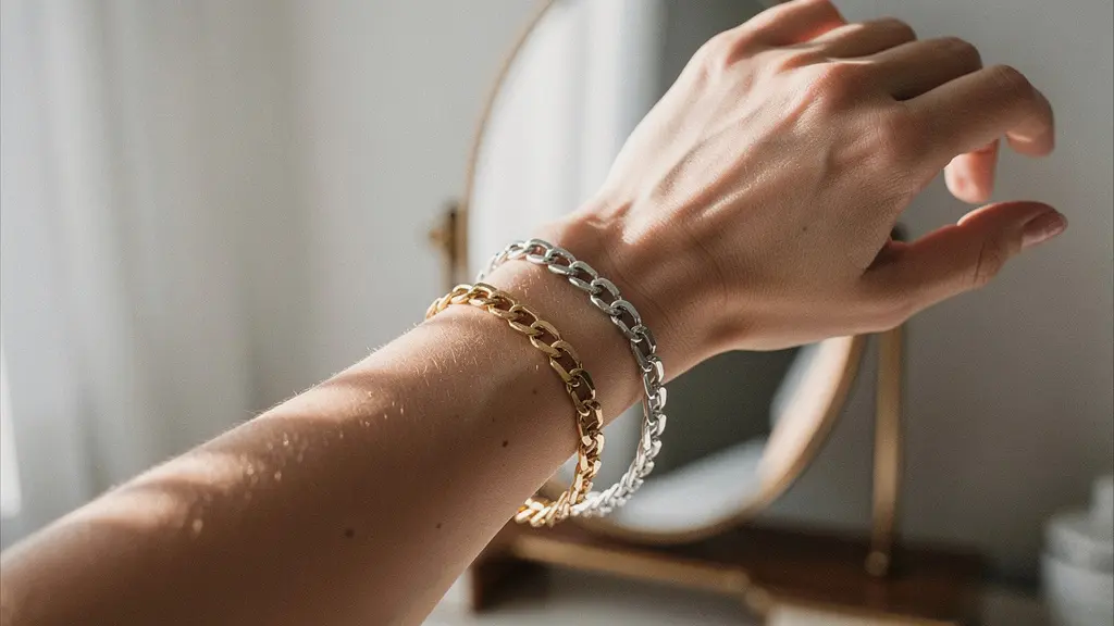 Main féminine comparant deux bracelets, un doré et un argenté, devant un miroir dans une lumière naturelle
