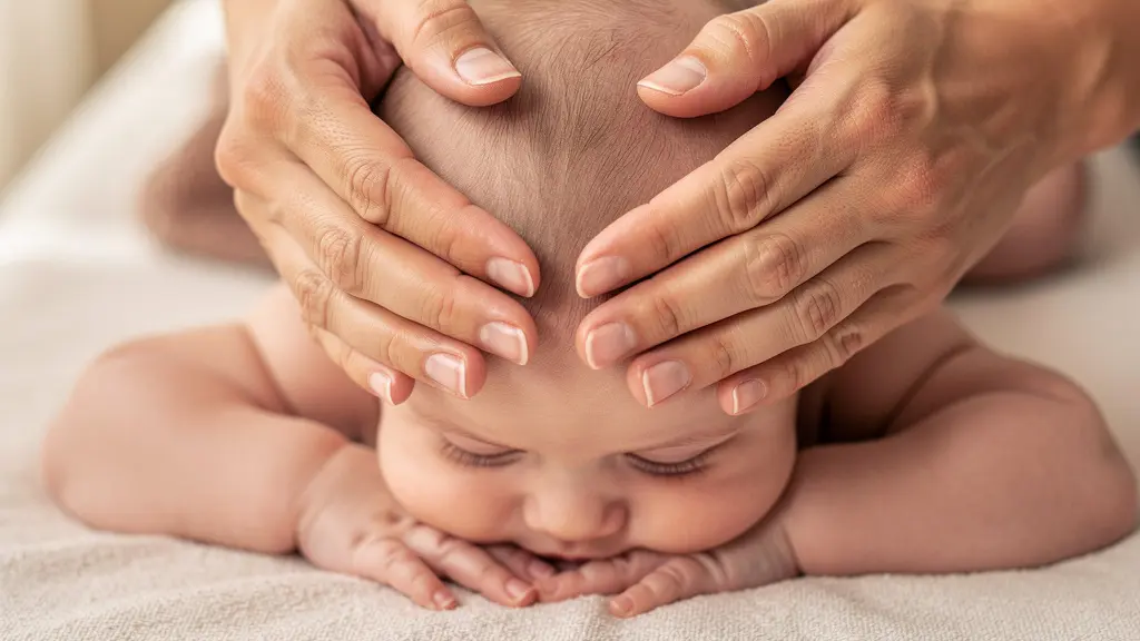 Ostéopathe effectuant une manipulation crânienne douce sur un nourrisson dans un cabinet belge