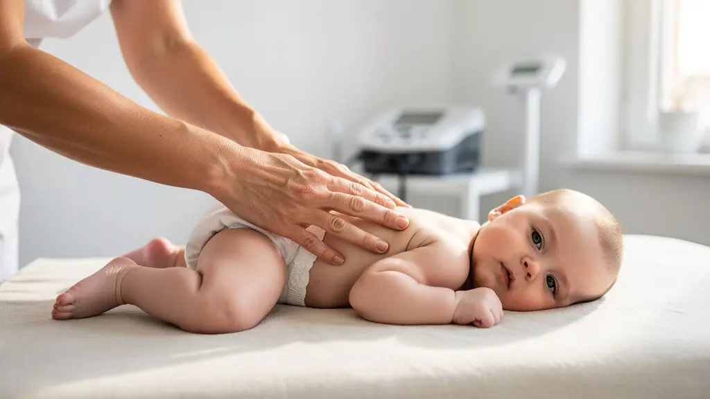 Ostéopathe pratiquant un soin sur un nourrisson dans un cabinet médical belge lumineux