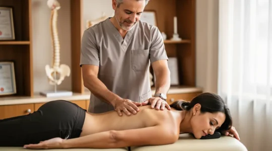 Praticien ostéopathe effectuant une manipulation délicate sur le dos d'un patient en cabinet