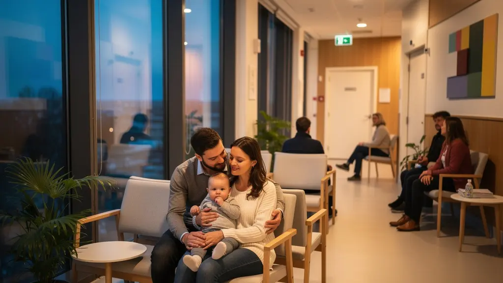 Parents avec bébé dans une salle d'attente lumineuse d'un poste de garde belge en soirée