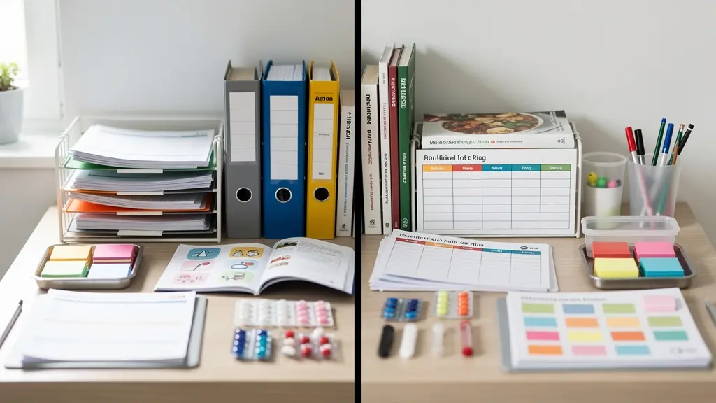 Vue symbolique d'un bureau familial avec deux zones distinctes d'organisation parentale équilibrée.