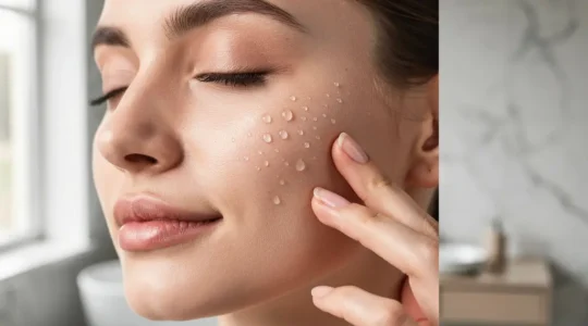 Femme aux yeux fermés touchant délicatement sa joue hydratée avec des gouttelettes d'eau pure en arrière-plan