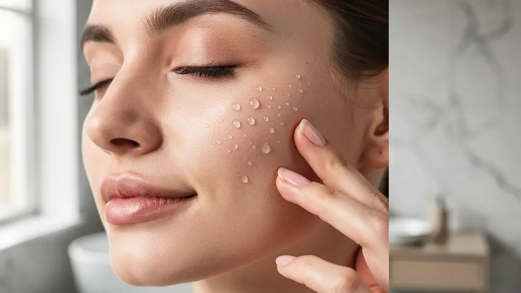 Femme aux yeux fermés touchant délicatement sa joue hydratée avec des gouttelettes d'eau pure en arrière-plan