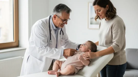 Un pédiatre examine avec bienveillance un bébé dans son cabinet médical lumineux en Belgique