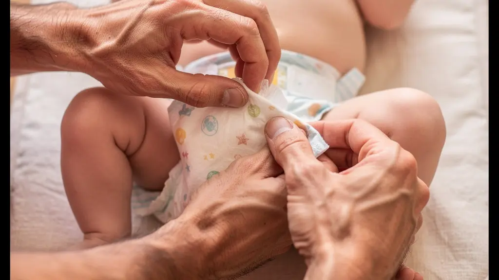 Gros plan macro sur les mains d'un père changeant une couche avec douceur et concentration.