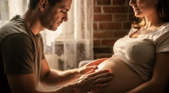 Père posant délicatement ses mains sur le ventre de sa partenaire enceinte pendant une séance d'haptonomie en Belgique