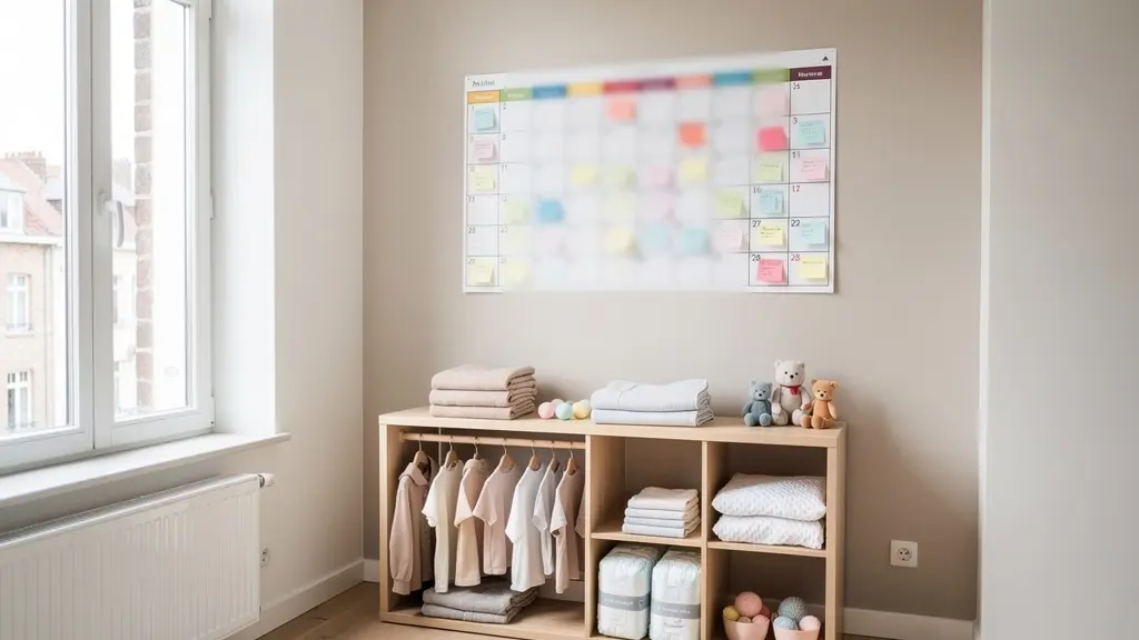 Calendrier mural avec notes colorées dans un intérieur belge typique, ambiance organisée et sereine.
