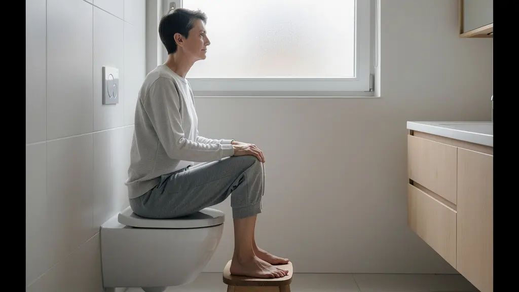 Position physiologique optimale aux toilettes avec petit banc pour protéger le périnée