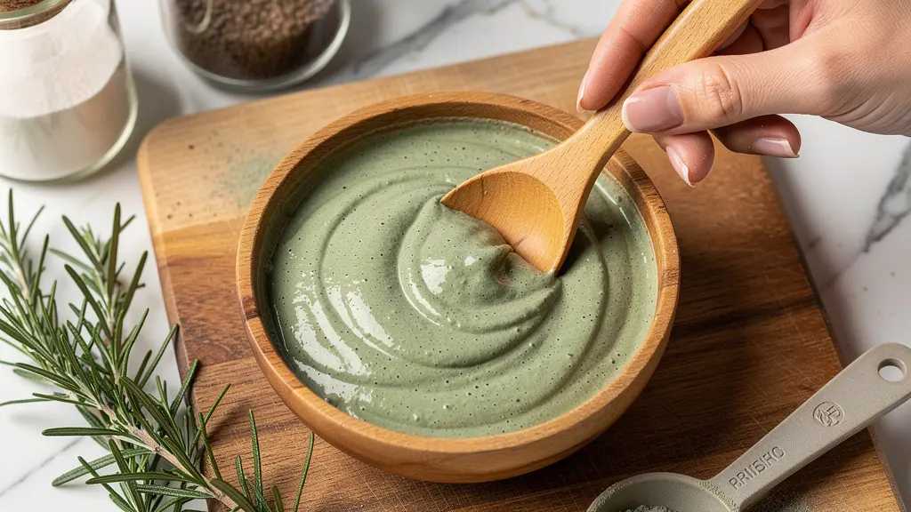 Mains mélangeant de l'argile verte dans un bol en bois avec des ingrédients naturels disposés autour