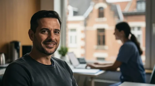 Portrait d'un homme belge souriant avec des éléments visuels représentant la santé préventive