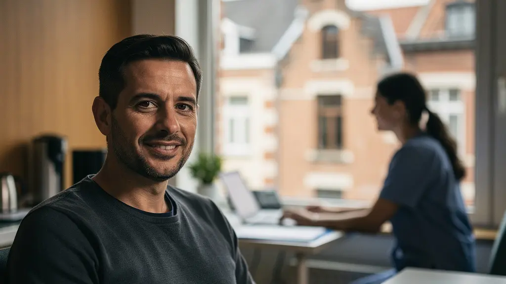 Portrait d'un homme belge souriant avec des éléments visuels représentant la santé préventive