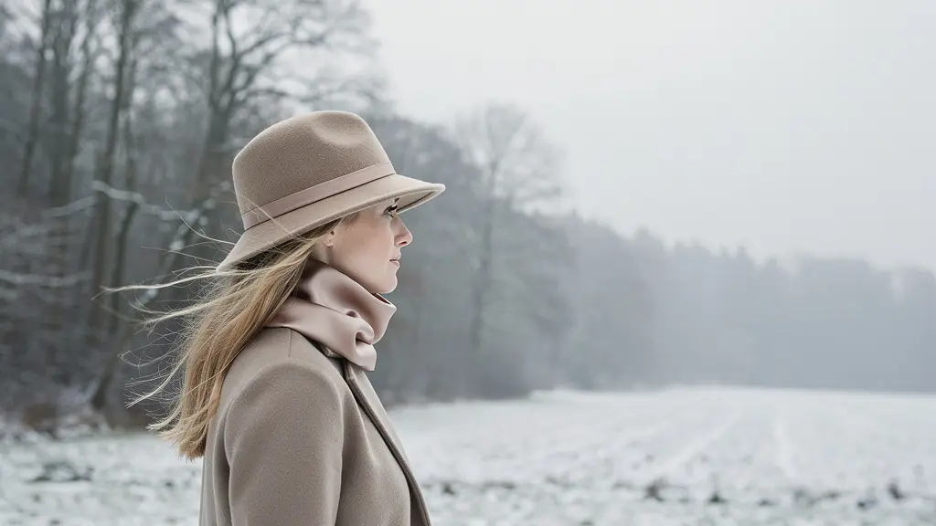 Femme portant un bonnet en laine avec cheveux protégés par un foulard en soie dans un paysage hivernal