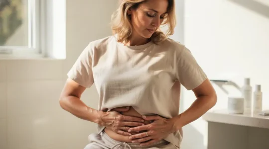 Femme pratiquant un automassage raffermissant sur le ventre