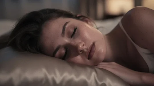Portrait d'une femme endormie sur un oreiller en soie, visage serein baigné par une douce lumière lunaire