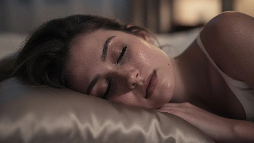 Portrait d'une femme endormie sur un oreiller en soie, visage serein baigné par une douce lumière lunaire
