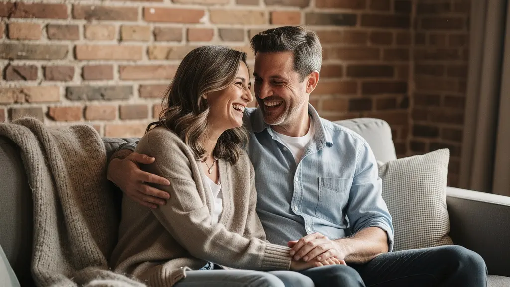 Couple partageant un moment de complicité intime dans une atmosphère chaleureuse et naturelle