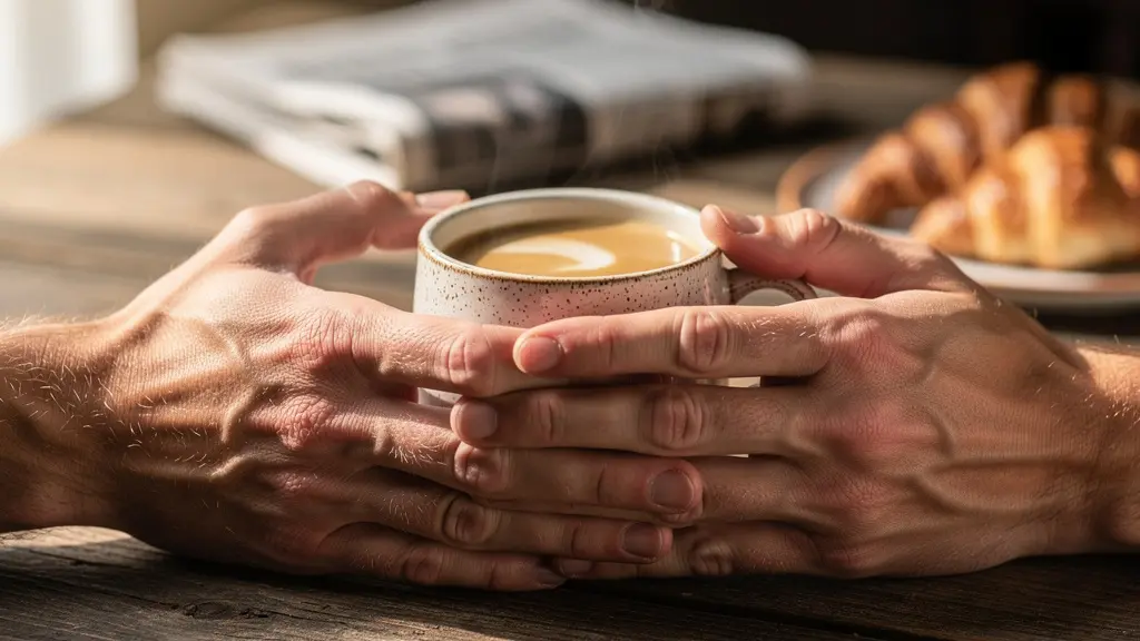 Mains entrelacées autour de tasses de café, table en bois avec journal belge flou en arrière-plan