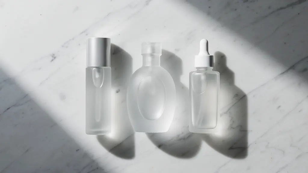 Vue aérienne minimaliste de trois flacons de soin disposés géométriquement sur une surface en marbre