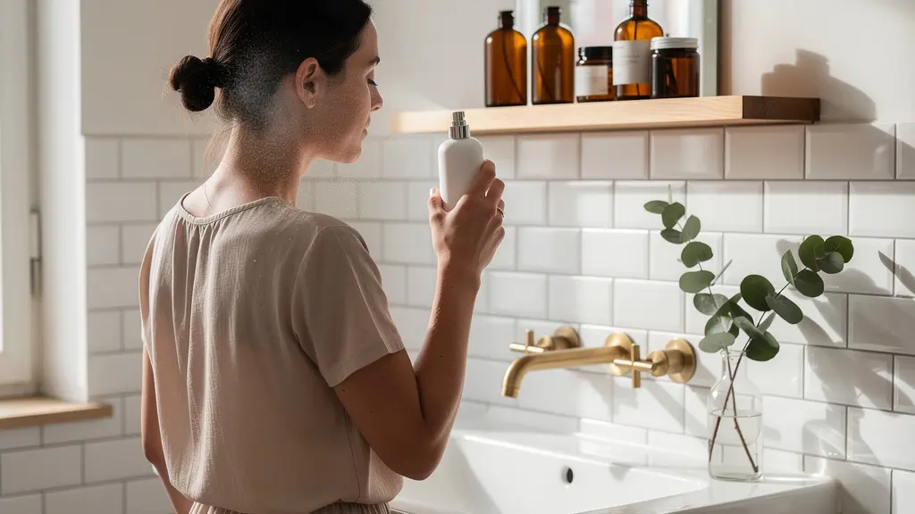 Femme appliquant une brume d'eau thermale sur son visage dans une salle de bain épurée aux tons naturels