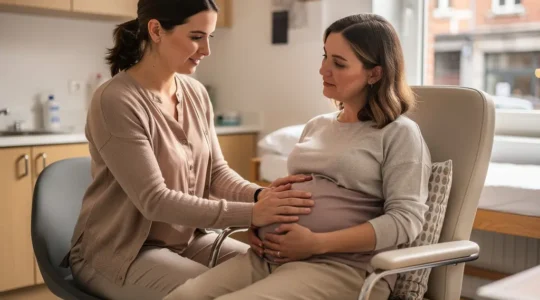 Sage-femme et femme enceinte en consultation dans un espace chaleureux et intime