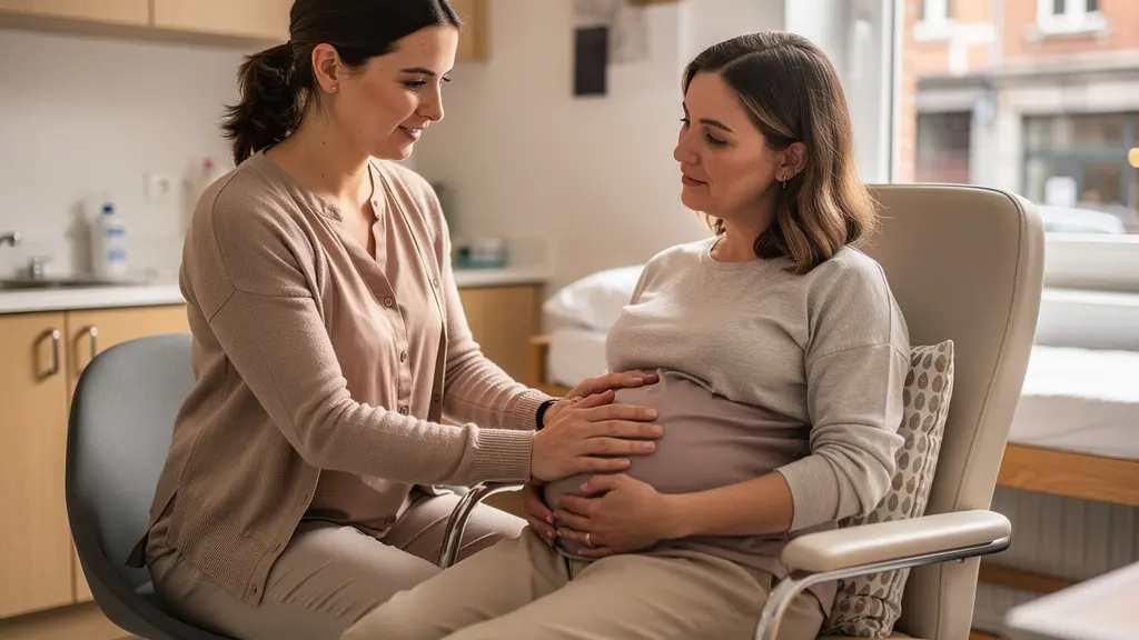 Sage-femme et femme enceinte en consultation dans un espace chaleureux et intime