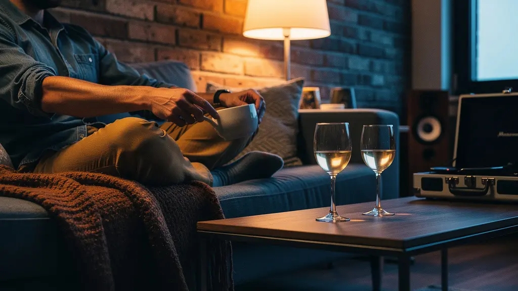 Couple détendu dans un salon belge cosy avec éclairage tamisé et ambiance musicale