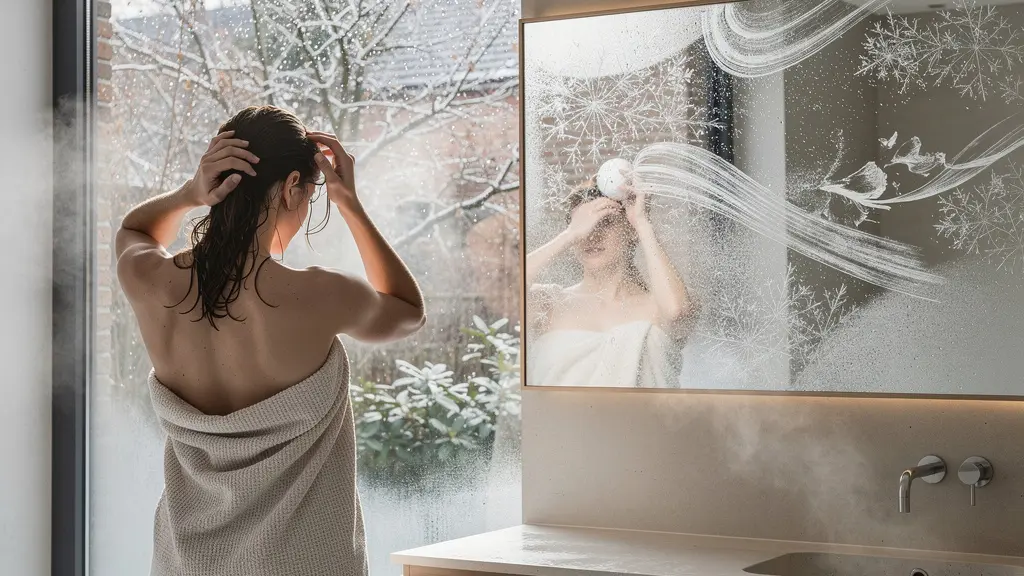 Femme séchant ses cheveux avec une serviette en microfibre près d'une fenêtre givrée
